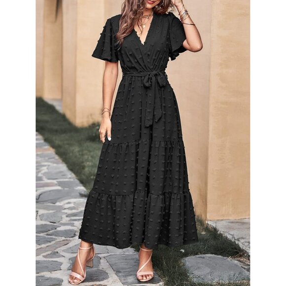 Women’s Swiss Dot Maxi Dress Flowy V Neck Short Sleeve Boho Casual - Picture 7 of 9